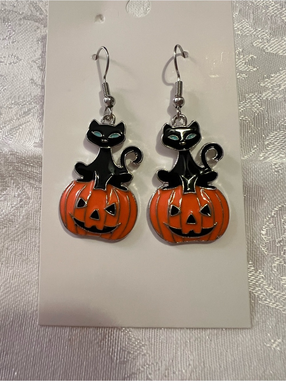 Black Cat on Orange Pumpkin Halloween Drop Earrings